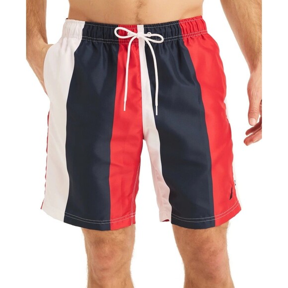 Nautica Men's Vertical Stripe 6" Swim Trunks Wide Stripes swim Shorts Navy XL